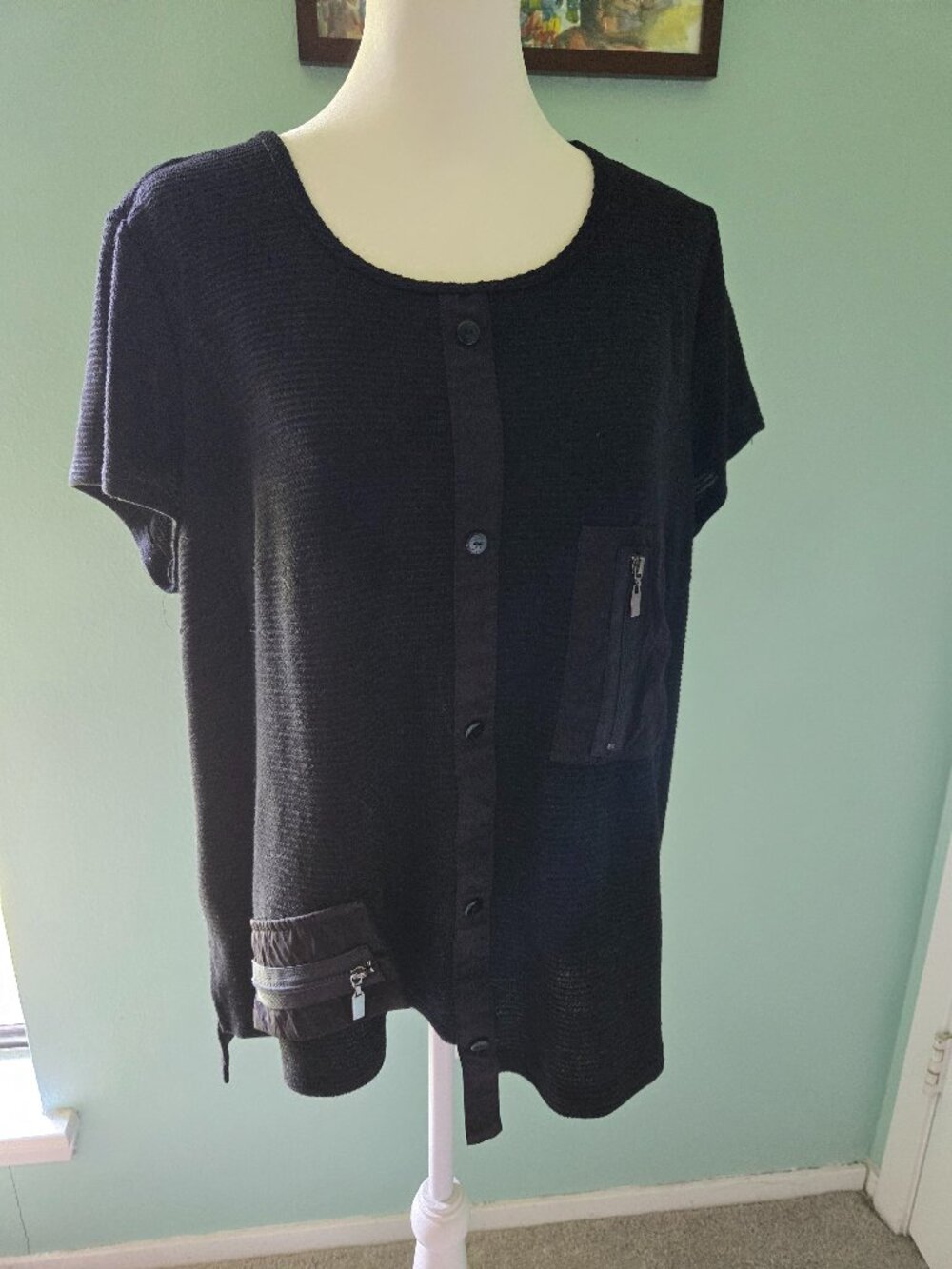 Picadilly Black Short Sleeved Assymetrical Blouse. Size L